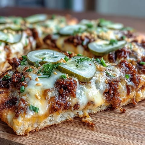 Goldener Cheeseburger Garlic Naan Pizza mit Schmelzkäsesauce und Rindfleisch