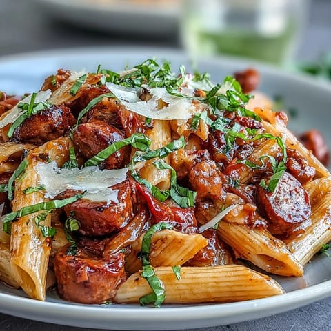 Creamy One-Pot Creamy Red Wine Sausage Pasta served in a rustic bowl with crusty bread.