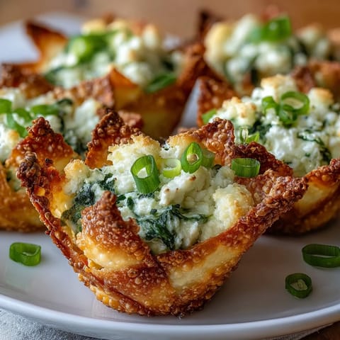 Close-up of golden Crispy Spinach Feta Wonton Cups, revealing creamy filling. 