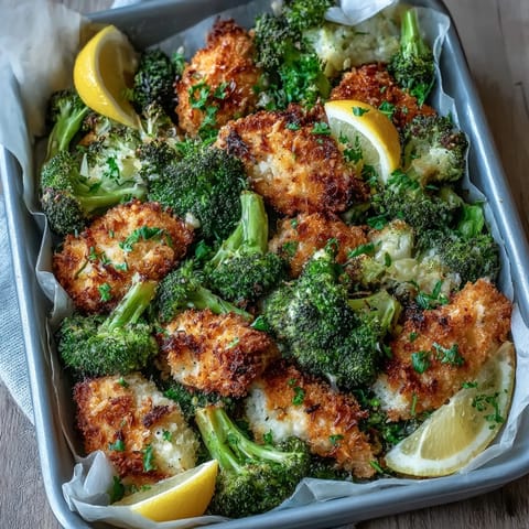 Golden-brown Crispy Parmesan Broccoli & Chicken Trays just out of the oven with a crunchy panko crust
