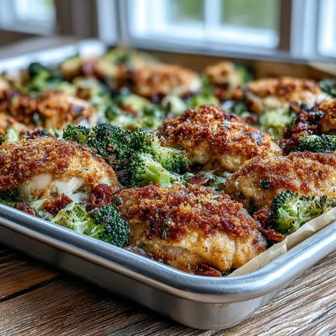 Genieße diese Crispy Parmesan Broccoli & Chicken Trays auf einem Backblech, serviert mit frischer Petersilie und Zitrone.