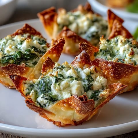 Goldene Crispy Spinach Feta Wonton Cups gerade aus dem Ofen, cremig gefüllt und duftend nach Knoblauch.