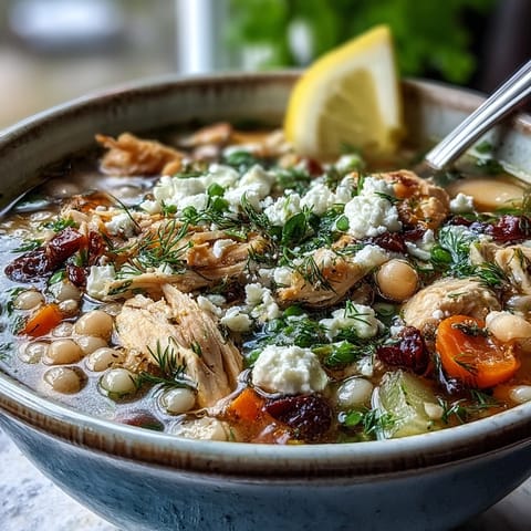 Heiße Greek Chicken & Pearl Couscous Soup in Schalen, Zitronenspalten und goldene Couscous.
