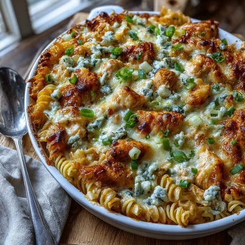 Steam rises from a spoonful of Creamy Buffalo Ranch Chicken Pasta Bake, revealing creamy buffalo sauce, ranch, and melted mozzarella and cheddar.