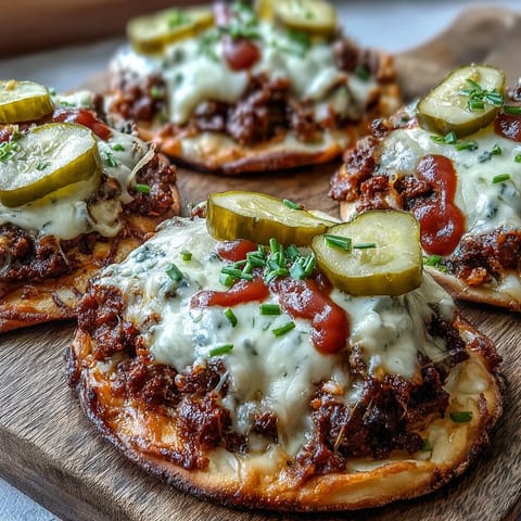 Cheeseburger Garlic Naan Pizzas topped with seasoned beef, melted cheddar sauce, and dill pickles on golden, crisp mini naan breads.