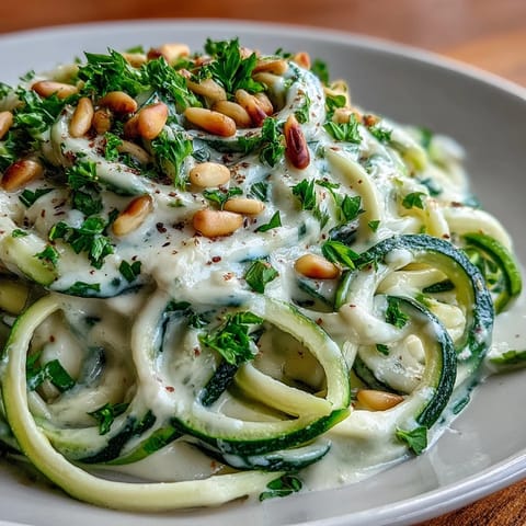 Vegan Creamy Cashew Alfredo over Zucchini Noodles tossed in a skillet, garnished with fresh parsley and pine nuts for a dairy-free weeknight dinner.