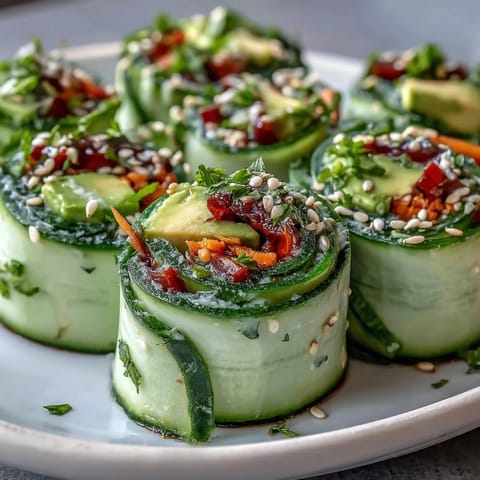 Leichte Gurken Avocado Rollen mit Sesam und würziger Sojadicke auf Teller.