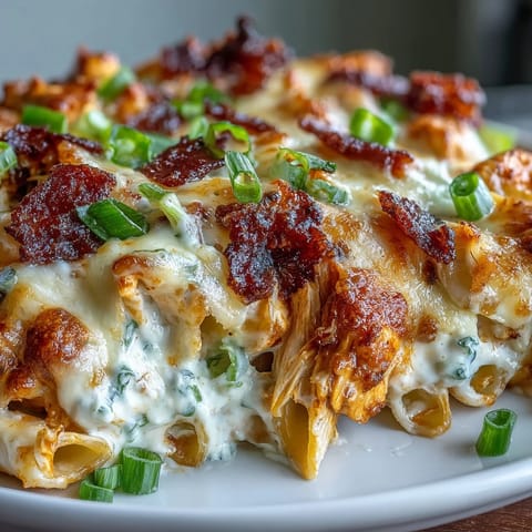 Baked Creamy Buffalo Ranch Chicken Pasta Bake with melted cheese, shredded chicken, and tangy sauce, ready to serve.