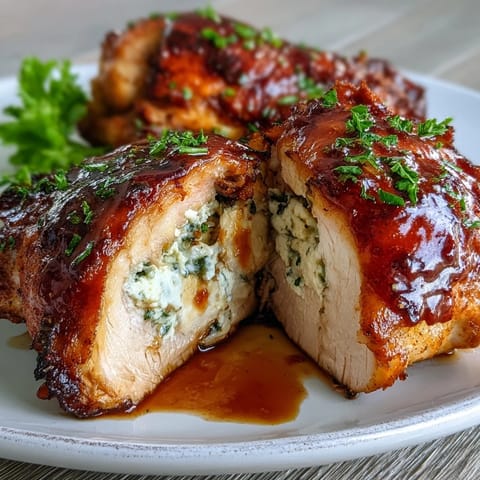 Goldene, mit Honig-Sriracha-Glasur bestrichene Hähnchenbrüste, gefüllt mit cremigem Ricotta und Kräutern auf Backblech.