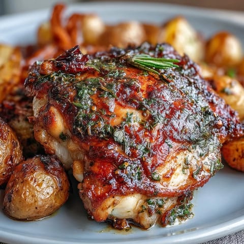 2. Duftendes Kräuter-Hähnchen mit knuspriger Haut, serviert auf einem Bett aus gerösteten Kartoffeln und Karotten für ein wohliges Abendessen.