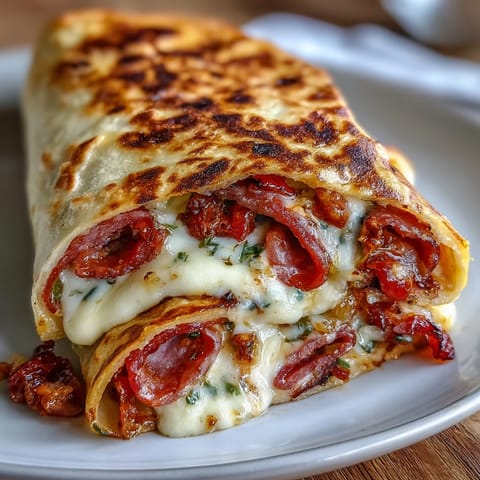 1. Ein goldbrauner Low-Carb Italian Sub Wrap mit geschmolzenem Provolone, scharfen Salami- und Peperonischeiben sowie saftigen Bananenpaprika, beträufelt mit italienischem Dressing.