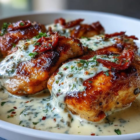 Ein cremiger Hähnchen-Pfefferonen-Pfannengericht mit zartem Fleisch in einer säuerlichen Sahnesauce.
