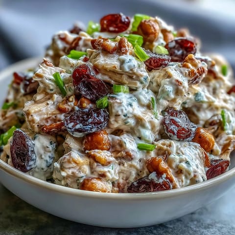 Proteinreicher veganer Hühnersalat mit flockigen Kichererbsen, gerösteten Mandeln und getrockneten Kirschen in luftiger Konsistenz.  
