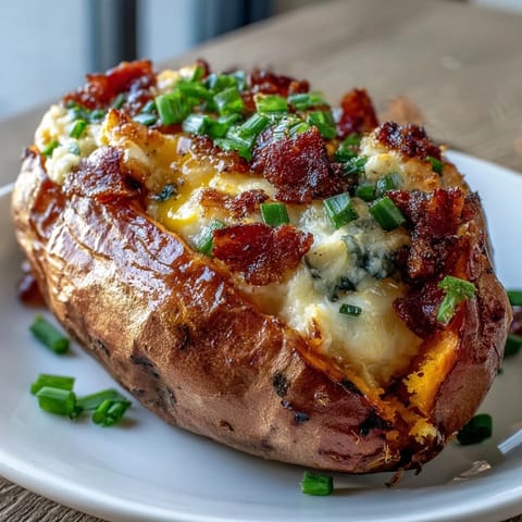 Nährhaftes und sättigendes Frühstück aus gebackenen Süßkartoffeln, gefüllt mit Cheddar, Speck und Eiern, bestreut mit Schnittlauch.  