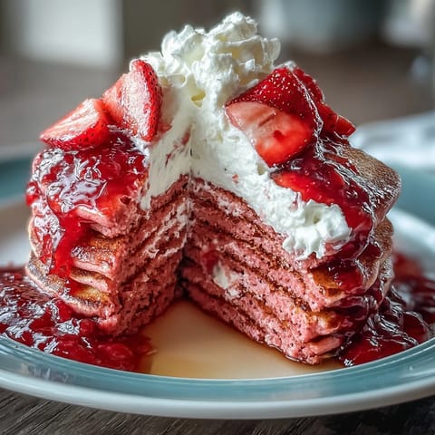 Stapeln von rosa Pfannkuchen, garniert mit frischen Erdbeeren und cremigem Joghurt, serviert mit selbstgemachtem Kompott.  