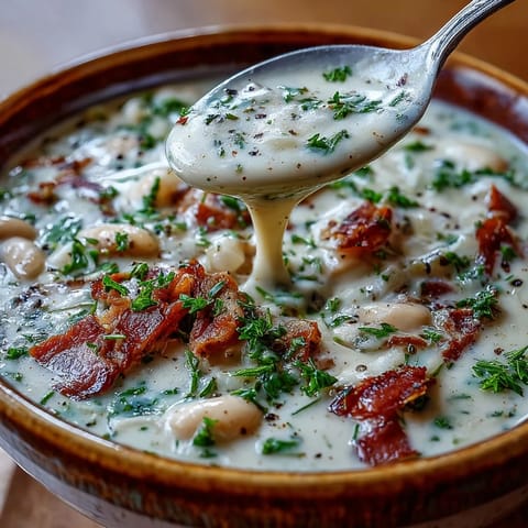 Wärmende weiße Bohnen- und Schinkensuppe mit Kartoffeln und aromatischen Kräutern.  