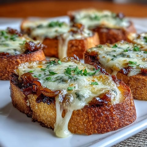 Französische Zwiebelsuppe mit karamellisierten Zwiebeln und Gruyère-Sauerteig-Crostini auf einem Teller mit geschmolzenem Käse.