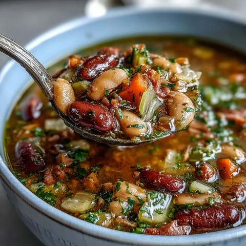 Eine herzhafte Schüssel mit 15-Bohnen-Suppe, gefüllt mit zarten Bohnen, knackigem Gemüse und rauchigem Schinkenknochen.