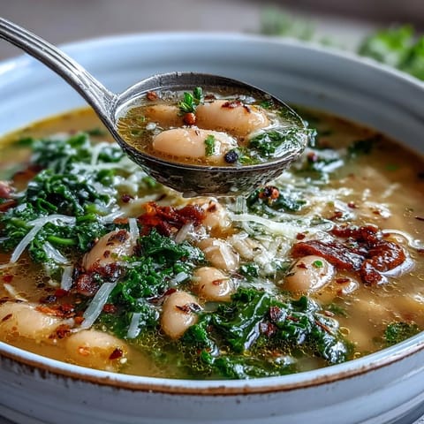Tuscan White Bean Soup mit Kale und Parmesan – eine cremige, wärmende Schüssel voller italienischer Aromen mit knackigem Grünkohl und herzhaften Bohnen.