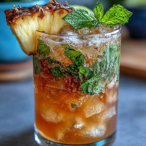 Ein erfrischendes Glas Pineapple Ginger Fizz mit Eis, garniert mit Limette und Minze.