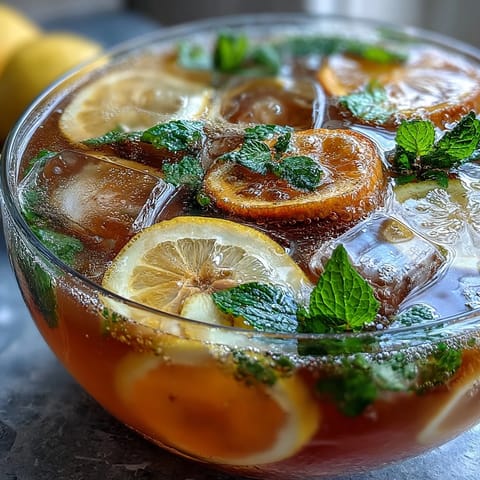 Ein erfrischender Sprudelzitronen-Punch mit Orangenscheiben und Zitronenscheiben, perfekt für Sommerpartys und festliche Anlässe.
