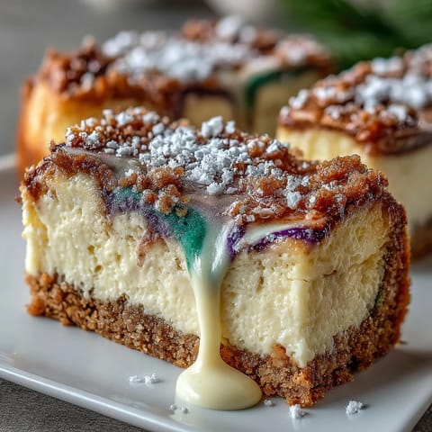 Festliche King Cake Cheesecake Bars mit bunten Wirbeln in lila, grün und gold auf einem buttrigen Zimtkrustenboden.