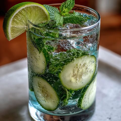 Kühles Erfrischungsgetränk mit Gurke und Minze, perfekt für heiße Sommertage.  