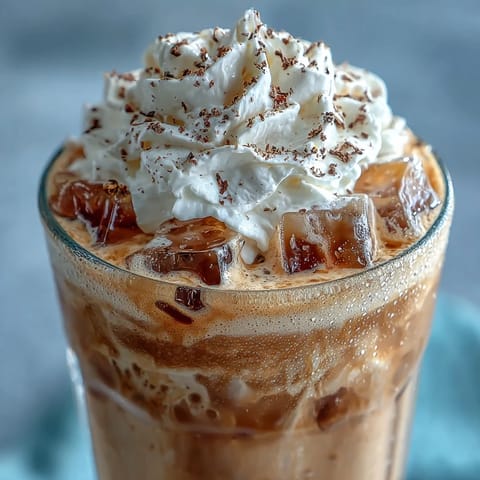 Vanille-Bohnen-Frappuccino-Kopie mit Cold Brew-Eiswürfeln in einem hohen Glas, mit geschlagener Sahne und Vanille-Garnitur garniert.