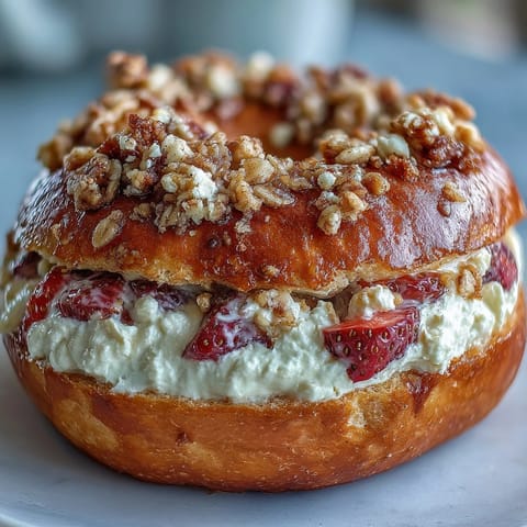 1. Strawberry Cheesecake Protein Bagels mit Streuselhaube und cremiger Füllung für ein proteinreiches Frühstück.  
