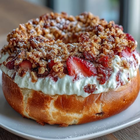 2. Selbstgemachte Bagels mit Erdbeerstückchen, Cheesecake-Füllung und knusprigem Haferstreusel.  