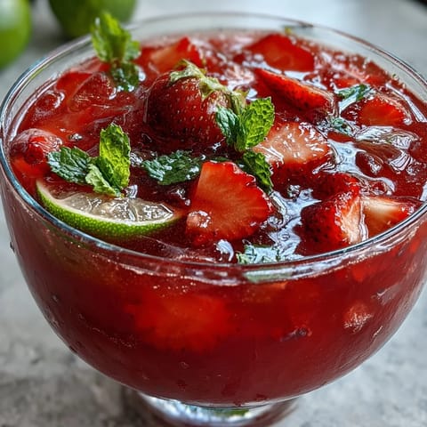 1. Ein farbenfroher Erdbeer-Daiquiri-Punch im Glas, gefüllt mit frischen Erdbeeren, Limettenscheiben und eisgekühlten gefrorenen Beeren.