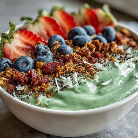 Bunter Smoothie-Bowl mit cremigem Matcha-Joghurt, belegt mit Beeren und Chiasamen.  