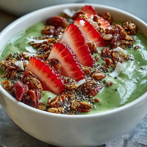 Leuchtende Smoothie-Bowl mit Erdbeer-Matcha-Geschmack, belegt mit frischen Früchten und knusprigem Granola.
