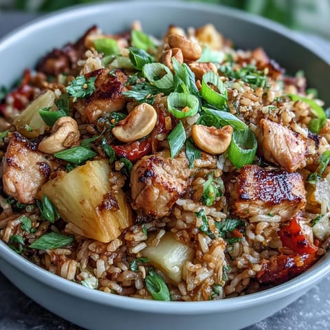 Hawaiian Pineapple Chicken Fried Rice mit saftiger Ananas, zartem Hühnchen und bunten Gemüsesorten in einer Pfanne.