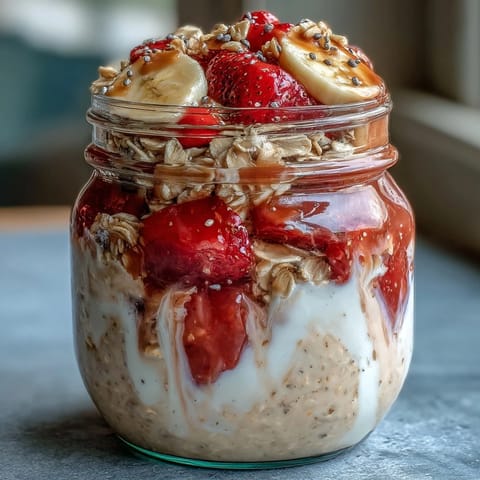 Erdbeer-Bananen-Übernacht-Haferflocken mit Chiasamen in einem Glas mit frischen Beeren und Bananenscheiben.  