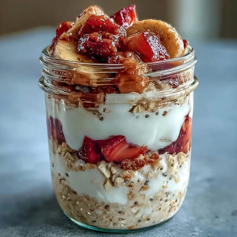 Reichhaltige, cremige Haferflocken mit Erdbeeren, Bananen und Chiasamen für ein gesundes Frühstück.  