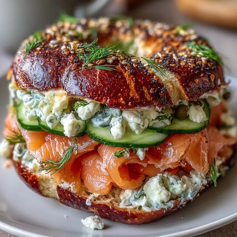 Köstliche Cottage Cheese Bagels mit geräuchertem Lachs belegt, weich und proteinreich.