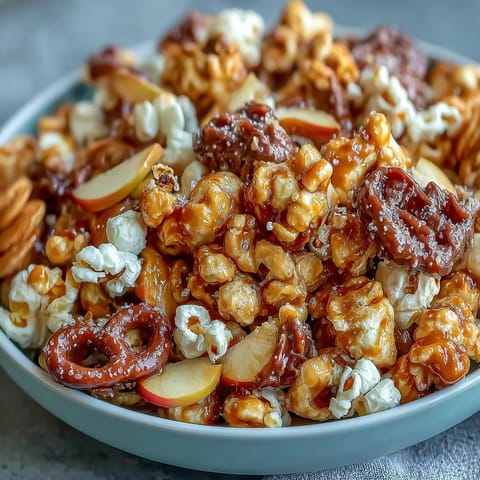 Süßes Karamell-Popcorn mit knackigen Apfelstücken und bunten Schokolinsen—perfekt für einen gemütlichen Filmabend.