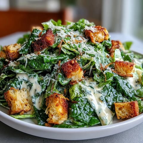 Knuspriger Selleriesalat mit Caesar-Dressing, Parmesan und goldbraunen Croûtons.