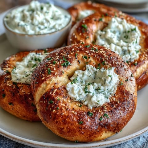 Weiche, proteinreiche Bagels mit cremigem griechischem Joghurt-Dip mit allem Bagel-Gewürz.