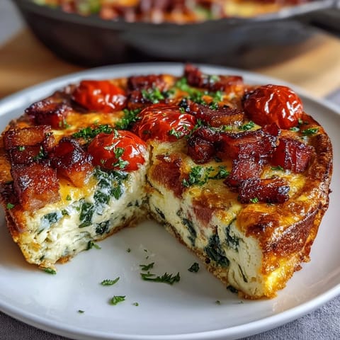 Goldbraune One-Pan Schinken-Käse-Frittata mit geschmolzenem Käse und frischem Gemüse direkt aus dem Ofen.