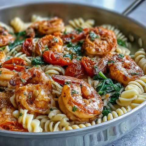 Ein farbenfrohes Ein-Topf-Gericht mit saftigen Garnelen, zarter Engelshaarpasta und frischem Gemüse in einer aromatischen Knoblauch-Zitronen-Sauce.