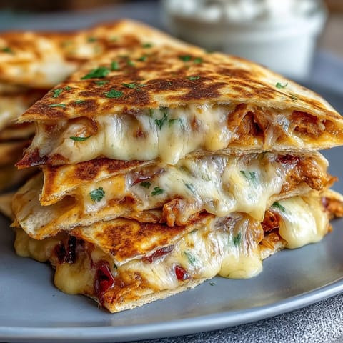 Kleine, goldbraune Quesadillas in Dreiecke geschnitten, gefüllt mit schmelzendem Käse und buntem Gemüse, serviert mit frischer Salsa.