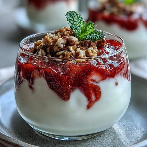 Leuchtende Schüsseln mit cremigem griechischem Joghurt, gekrönt von hausgemachter Erdbeer-Kompott und knusprigen Nüssen.  