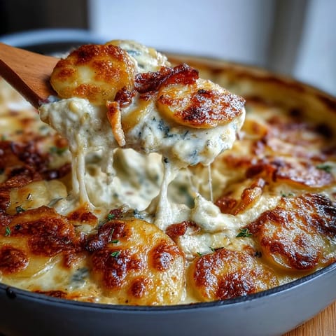 Köstliche Kartoffelgratin mit goldgelber Käseschicht und cremiger Sauce.