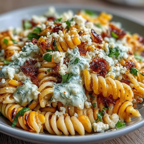 Ein cremiger Nudelsalat mit angebratenem Mais, Kirschtomaten und Cotija-Käse, inspiriert von mexikanischem Street Corn.