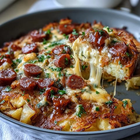 Herzhafte Overnight-Amisch-Frühstücksauflauf mit Kartoffeln, Wurst und geschmolzenem Käse für eine hungrige Gruppe.  