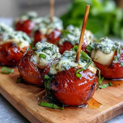 Kleine Caprese-Spieße mit Pesto-Drizzle: Frische Tomaten, cremiger Mozzarella und Basilikum, beträufelt mit hausgemachtem Pesto. Perfekt für Sommerpartys.