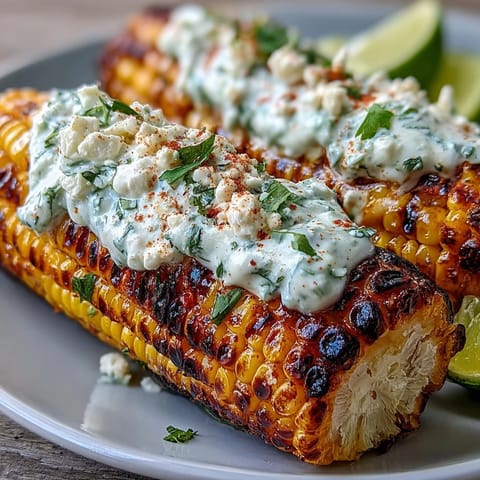 Gebratener Mais im Elote-Stil mit cremiger Sauce und Cotija-Käse.
