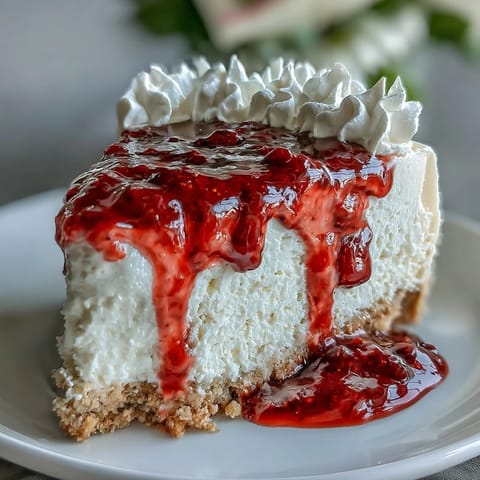 Cremiger no-bake Käsekuchen mit säuerlicher Himbeersoße auf Keksboden.